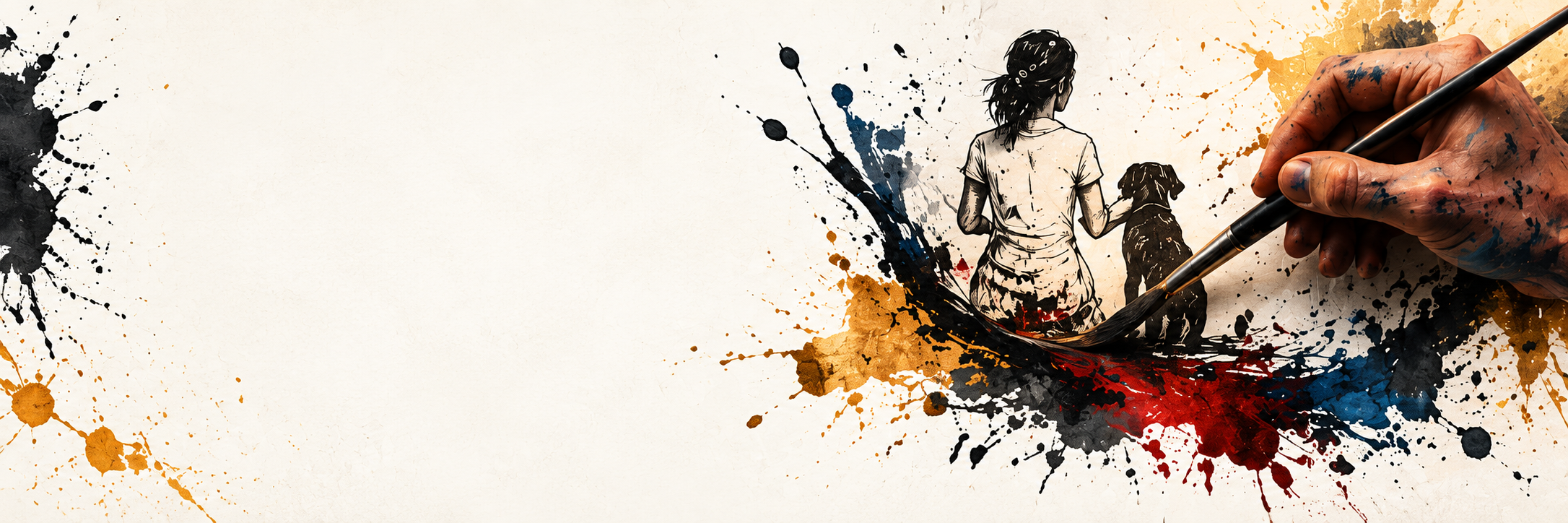 An artist painting a girl and her dog amid expressive gold, black, navy and crimson ink.