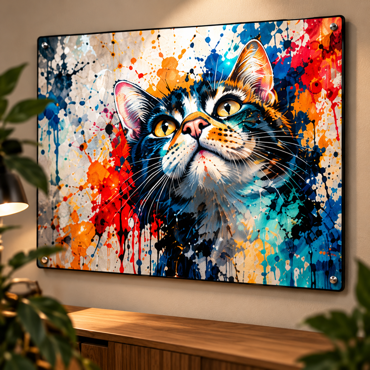 City Watcher, a colorful tabby cat aluminum print in a warm interior