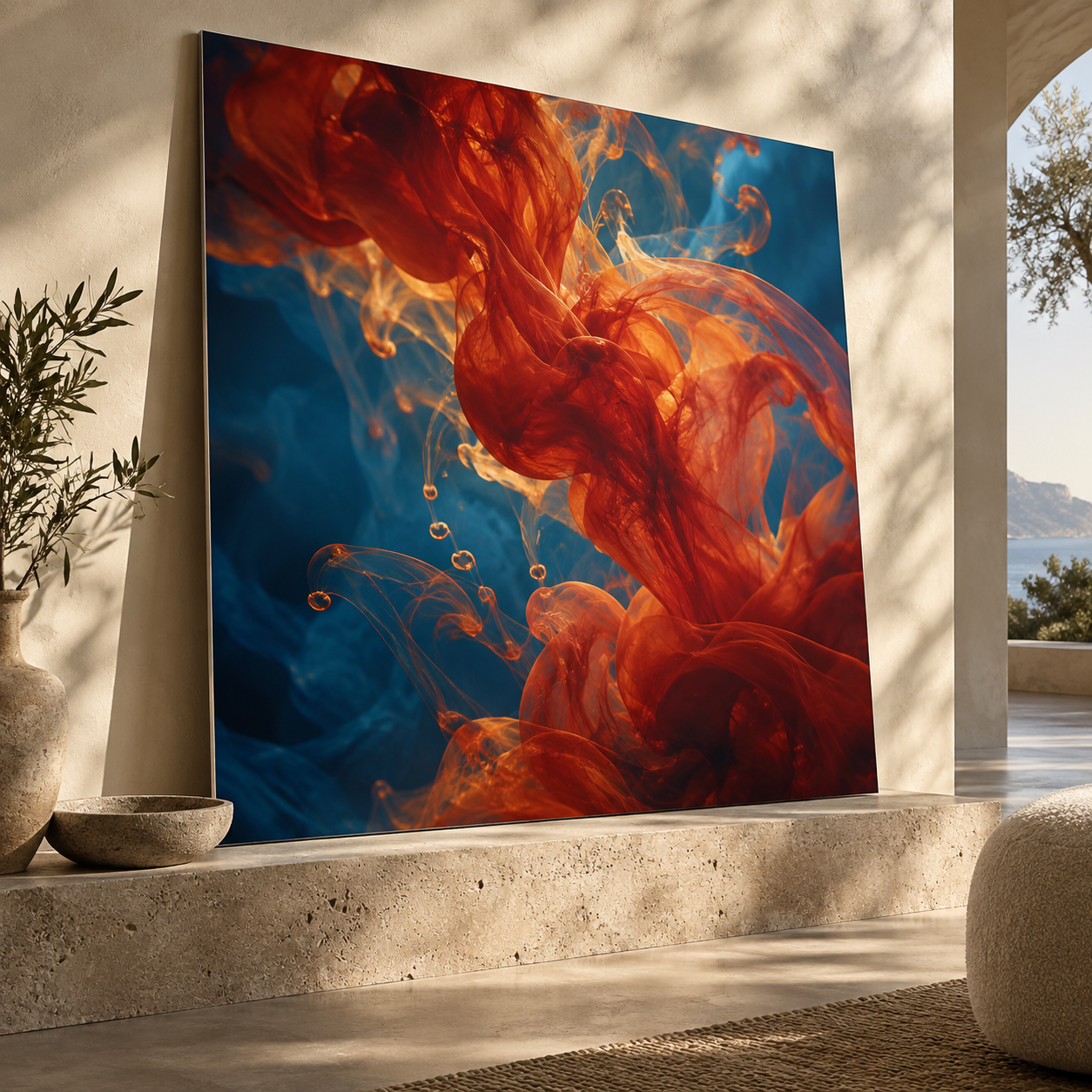 Vermilion and blue photographic art on a thin metal panel in a sunlit interior.