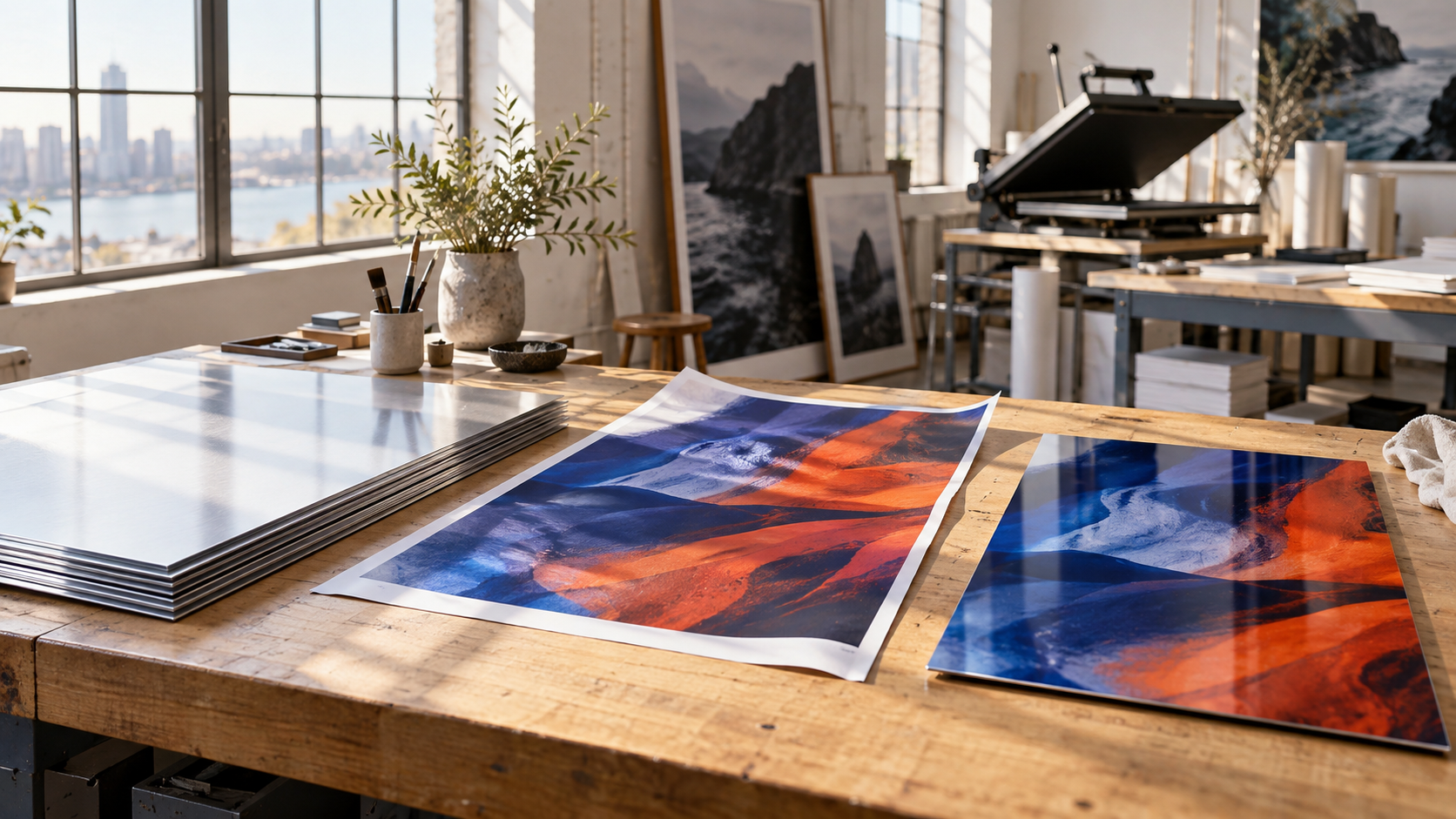 An imagined print studio with aluminum sheets, a transfer print, and finished artwork.