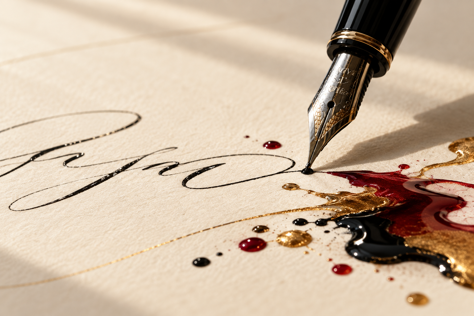 An engraved fountain pen on ivory stationery beside black, gold and burgundy ink.